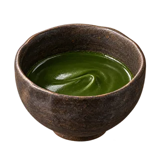 A bowl of koicha, thick and glossy with no foam
