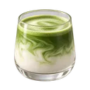 A glass of matcha latte with green tea swirling into milk