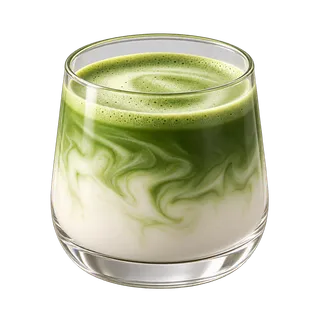 A glass of matcha latte with green tea swirling into milk