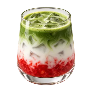 A strawberry matcha latte in layers of red, white and green