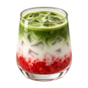 A strawberry matcha latte in layers of red, white and green